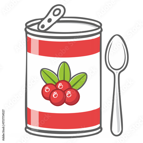 Illustration of a tin can with a cranberry label and a spoon, ready to be served.