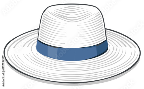 White Panama Hat with Blue Ribbon Vector Illustration