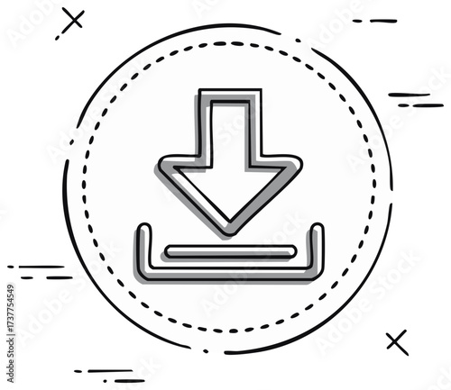 Download symbol illustration, arrow pointing down within a circle in a doodle style