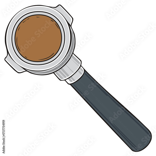 Espresso machine portafilter, cartoon style illustration, coffee making element