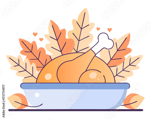 Thanksgiving roasted turkey vector illustration with autumn leaves decoration in flat cartoon style