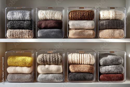 Wool sweaters neatly folded in transparent plastic boxes on shelves in the wardrobe. Clothing storage and space organization concept. Interior design view for poster, presentation, visual material 