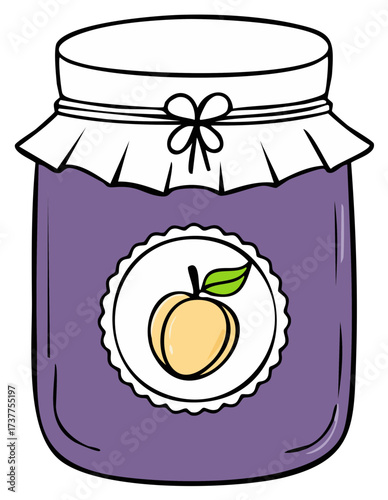 Cartoon jar of purple plum jam with peach label and fabric lid tied with a bow