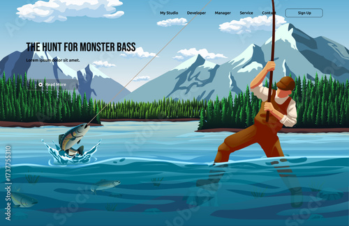 The Hunt for Monster Bass vector illustration with abstract nature elements, including lifestyle, character, and background. Ideal for sport, hobby, and landscape content.