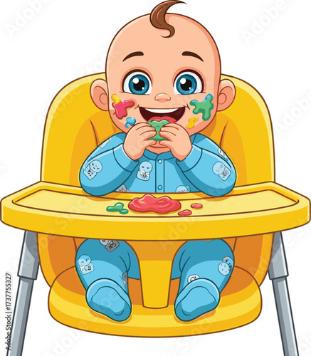 Happy baby in high chair, sensory playtime, colorful food fun, early childhood exploration, joyful mealtime, messy face, playful toddler moment