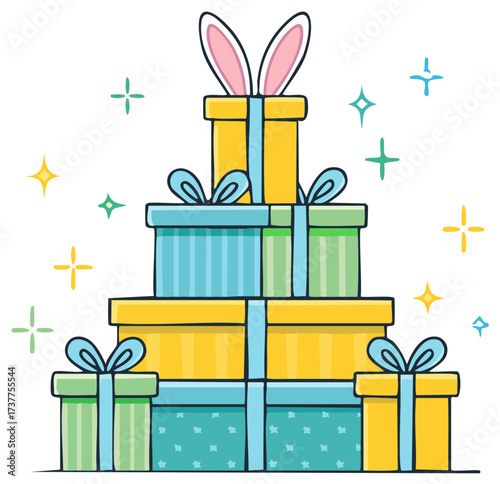 Stack of colorful gift boxes with bunny ears on top and festive sparkles