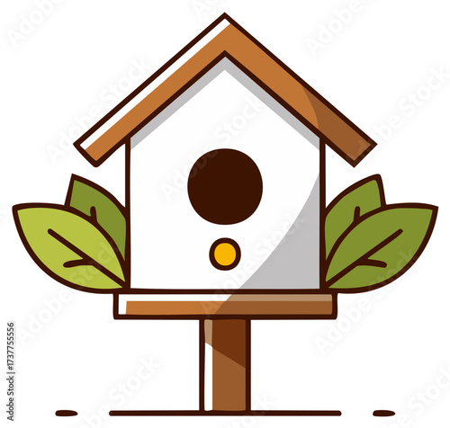 Stylized white birdhouse with brown roof and perch surrounded by green leaves vector illustration