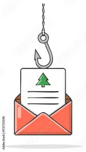 Fishing hook with attached Christmas card in an open red envelope representing online scam.