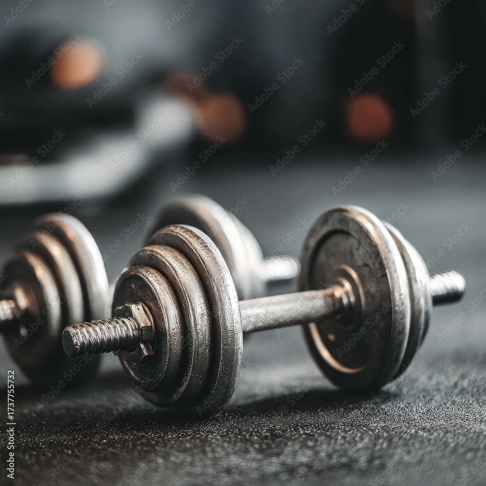 Naklejka premium Gray Dumbbells On Dark Gym