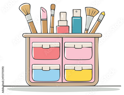 Cute pink cosmetic organizer filled with beauty products makeup brushes and lipstick illustration