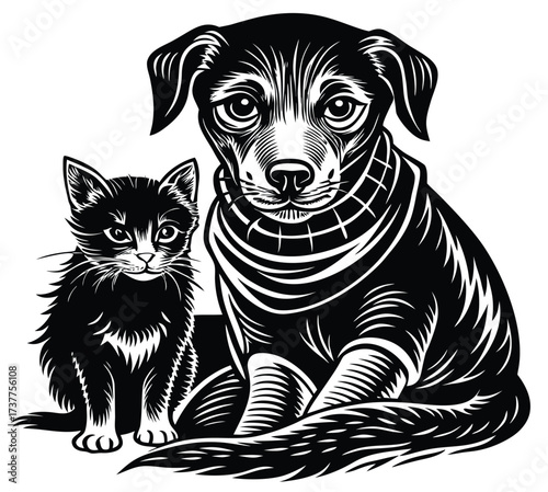 Black and white dog cat and puppy sitting together portrait