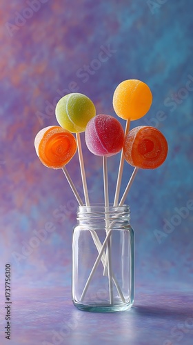 Colorful lollipops arranged in glass jar bright background