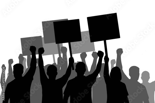 Silhouettes of a protesting crowd, raising fists and blank signs. Demonstration, protest, revolution, activism, rights, social justice, freedom, political dissent