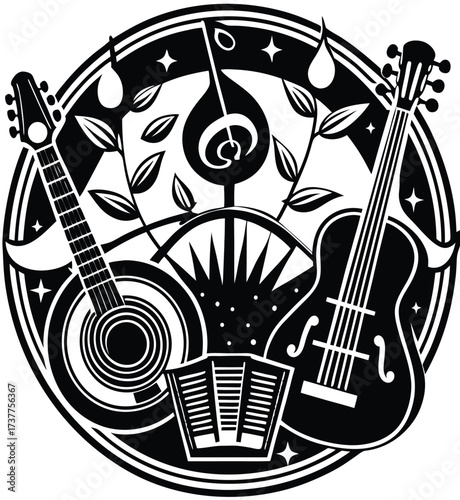 Vector illustration of musical instruments including guitar, bass, and violin
