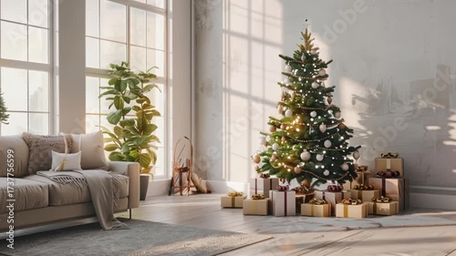Cozy living room interior with decorated Christmas tree and wrapped gifts creating festive holiday mood.