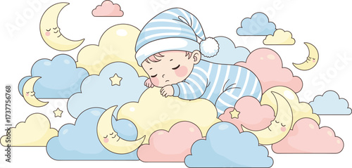 Sleeping baby, cartoon infant, striped pajamas, nightcap with pom-pom, dreamy clouds, crescent moon, stars, bedtime theme, peaceful rest, cute illustration