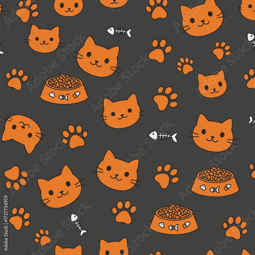 Cute Orange Cat Faces Paw Prints Food Bowl Seamless Pattern