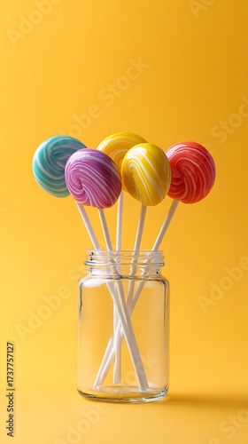 Colorful lollipops arranged in glass jar bright background