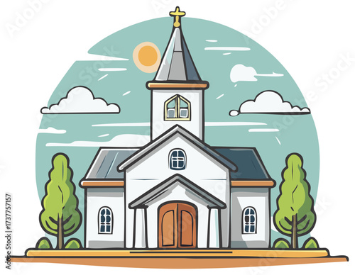Cartoon Church with Cross Topped Steeple Surrounded by Trees Under Sunny Skies