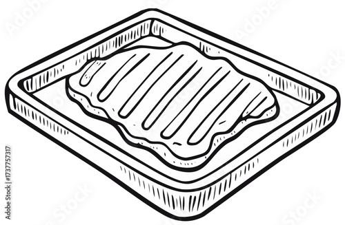 Hand-drawn food container with lasagna; illustration of fresh meal for dinner, pasta with tomato sauce on plate.