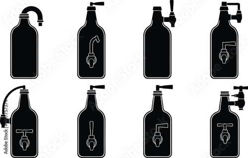 Bottle with faucet silhouette vector set, black liquid dispenser icons, tap mechanism clipart, plumbing concept graphic, utility container design