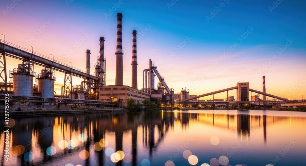 Fototapeta premium Industrial complex reflects in water, sunset sky