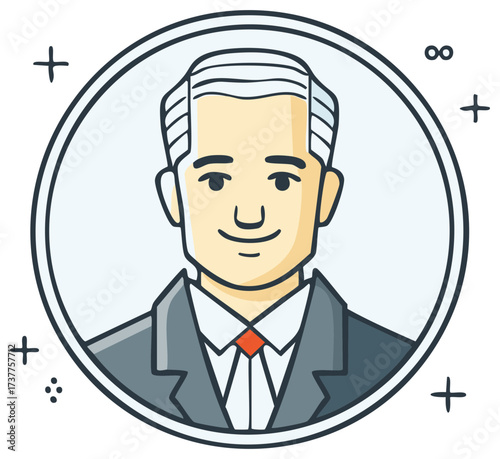 Cartoon Businessman in Suit within Circle Graphic with Playful Symbols for Profile Icon or Design Elements
