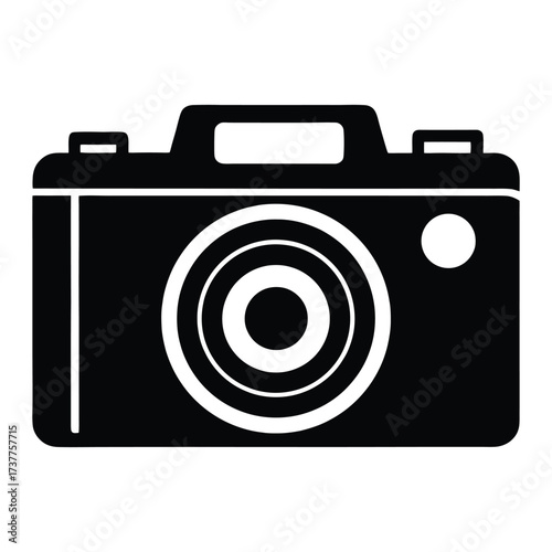 Simple black and white icon of a classic camera representing photography and videography concepts 