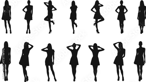 Female fashion silhouette poses, elegant dress and high heel vector, black figure art for modeling, posture reference, design sketch