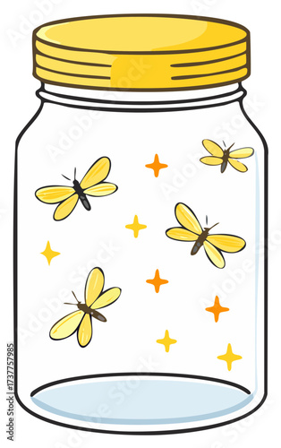 Whimsical jar filled with glowing fireflies and sparkling stars