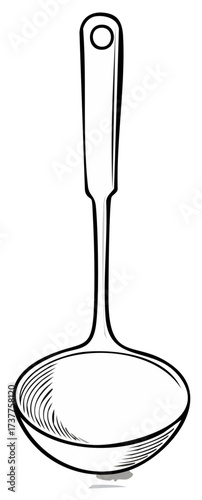 Stylized vector illustration of a kitchen utensil, a simple soup ladle with a handy hanging hole