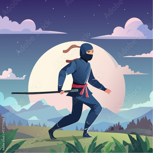 Un ninja se déplaçant discrètement la nuit, la Lune en arrière plan