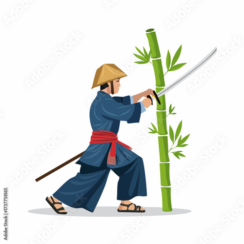 Entrainement au sabre, trancher un bambou,  personnage Asiatique en kimono traditionnel et portant un chapeau de paille