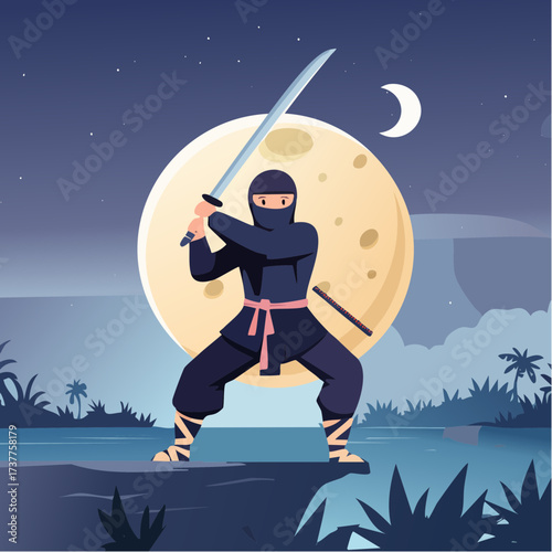 Un ninja se déplaçant discrètement la nuit, la Lune en arrière plan