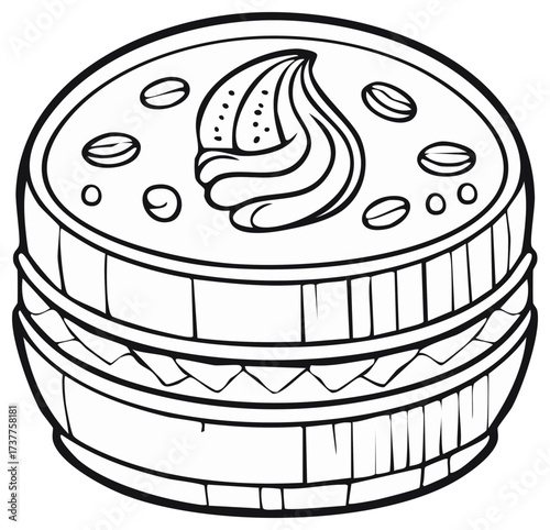 Espresso macaron drawing with coffee beans and cream swirl topping line art for coloring book
