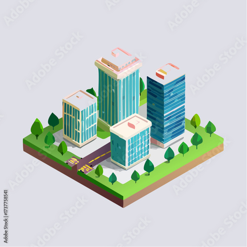 Jolie ville moderne représentée en 3D isométrique, isolé sur fond clair