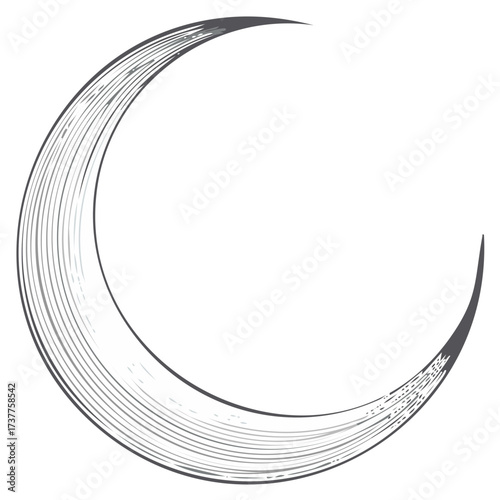 Engraved crescent moon illustration, black and gray, isolated graphic element.