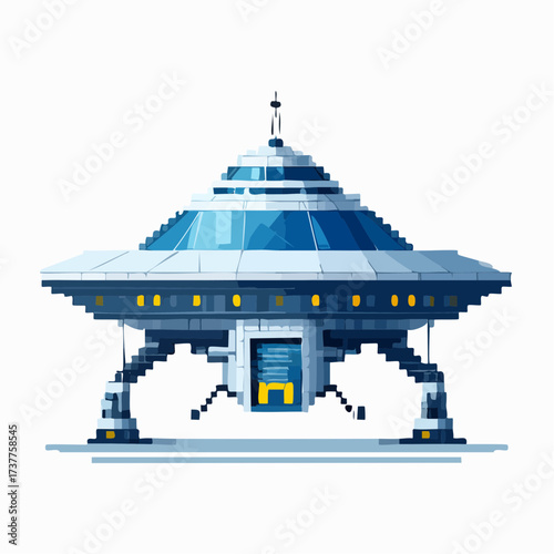 Vaisseau spatial en pixel art, bleu, isolé, fond blanc