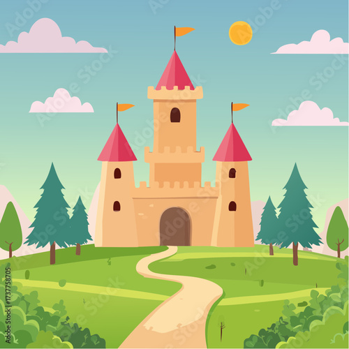 Jolie illustration d'un château fort médiéval, nature, soleil