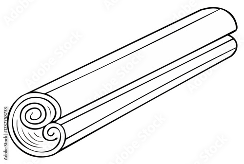 Isolated simple line drawing of a cinnamon stick with visible texture and spirals