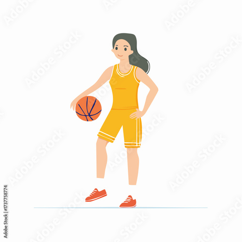 Joueuse de basket-ball avec son ballon, vue de face, isolé sur fond blanc, type caucasien
