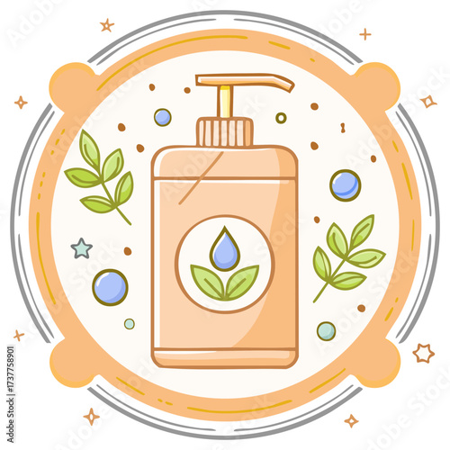 Natural liquid soap pump bottle with herbal leaves and bubbles in a cute cartoon illustration style