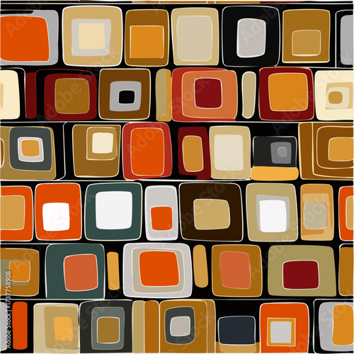 Motifs carrés multicolores, type rétro vintage, teintes ocres, orange, brun, bleu, papier peint, fond d'écran, motif décoratif, artistique