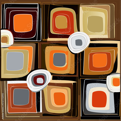 Motifs carrés multicolores, type rétro vintage, teintes ocres, orange, brun, bleu, papier peint, fond d'écran, motif décoratif, artistique