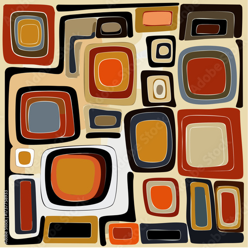 Motifs carrés multicolores, type rétro vintage, teintes ocres, orange, brun, bleu, papier peint, fond d'écran, motif décoratif, artistique