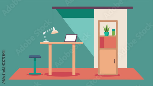 A minimalist carrel with a standing desk and a yoga mat for occasional stretching breaks.