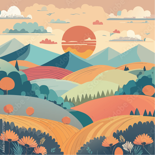 Paysage de nature, vallée, soleil couchant, montagnes, original et créatif, stylisé, couleurs pastels, superbe ! 