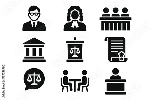 Legal silhouette icon set. featuring lawyer, judge, courtroom, courthouse, legal scale, contract, and meeting symbols