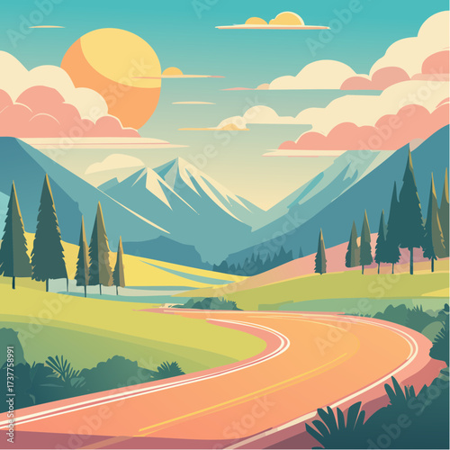Une route qui traverse la nature, coloré, montagnes, sapins, soleil, nuages, couleurs pastels