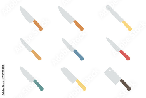 Culinary utensils silhouette icon set. featuring chef, bread, paring, utility, and cleaver knives